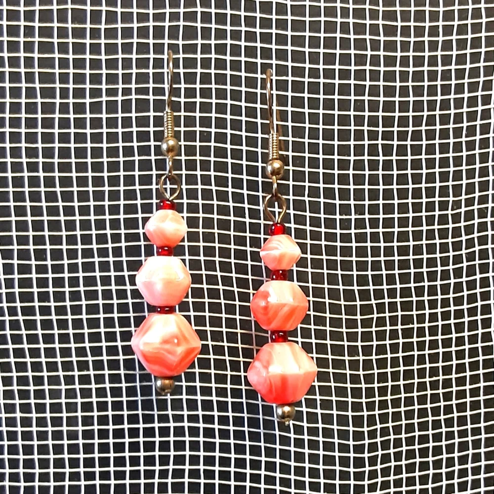 Beaded Earrings Orange & White Swirl Beads Gold Tone Hooks - Picture 3 of 4